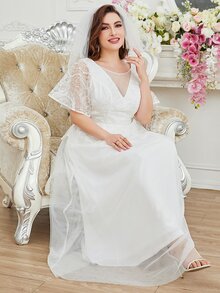 SHEIN Belle Plus Lace Insert Mesh Overlay Zipper Back Wedding Dress Without Veil - White - View 5