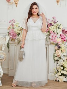 SHEIN Belle Plus Lace Insert Mesh Overlay Zipper Back Wedding Dress Without Veil - White - View 6