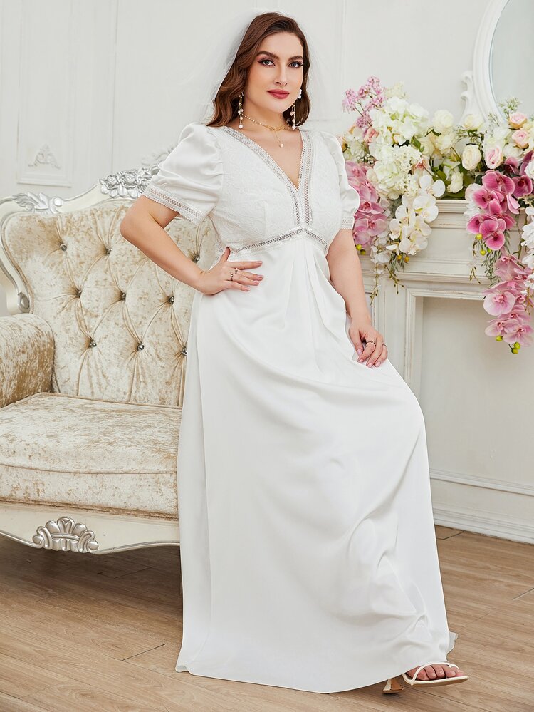 SHEIN Belle Plus Contrast Lace Puff Sleeve Deep V-neck Wedding Dress Without Veil - White - View 3