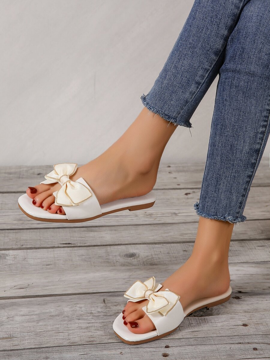 女士蝴蝶結裝飾優雅夏天平底涼鞋 - 米色 - 查看 1
