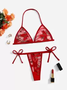 Florales besticktes Mesh-Lingerie-Set