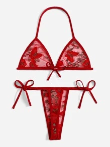 Florales besticktes Mesh-Lingerie-Set