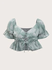 Top con estampado de hojas con cordón bajo con fruncido - Multicolor - Ver 1