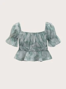 Top con estampado de hojas con cordón bajo con fruncido - Multicolor - Ver 2