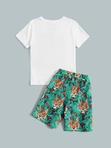 SHEIN Tween Boy 1pc Tiger & Tropical Print Tee & 1pc Shorts - White - View 2