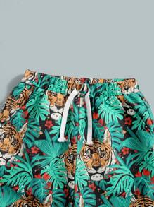 SHEIN Tween Boy 1pc Tiger & Tropical Print Tee & 1pc Shorts - White - View 4