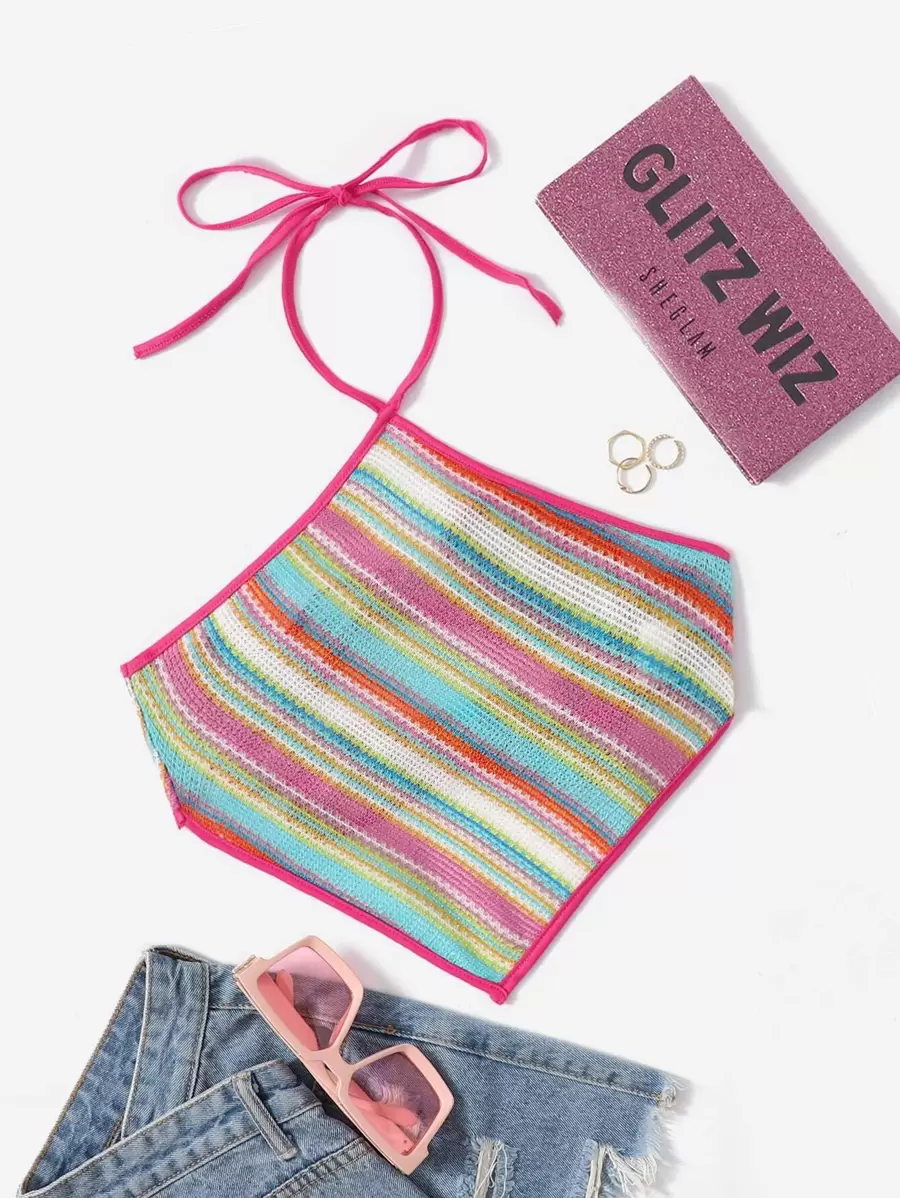 SHEIN MOD 繞頸條紋圖案後背繫帶短款上衣 - 彩色 - 查看 1