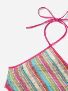 SHEIN MOD 繞頸條紋圖案後背繫帶短款上衣 - 彩色 - 查看 5