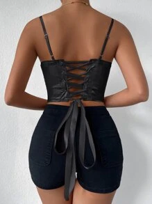 SHEIN VCAY Grommet Lace Up Back Bustier Crop Cami Top - Black - View 2