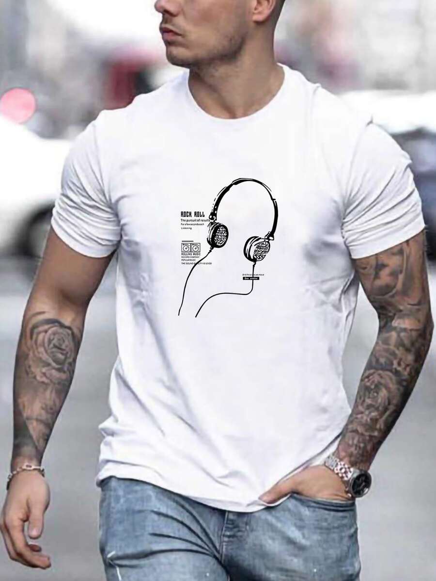 Manfinity Hombres Camiseta con estampado de Auriculares & slogan - Blanco - Ver 1