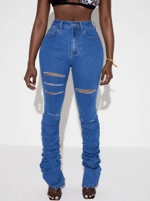 SHEIN SXY Quần jean nữ Nút Túi Bị tách Xù Chia Dây kéo màu trơn - Rửa trung bình - Xem 4