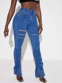 SHEIN SXY Quần jean nữ Nút Túi Bị tách Xù Chia Dây kéo màu trơn - Rửa trung bình - Xem 5