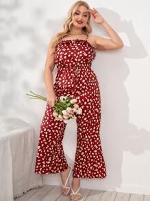 大碼斑點印花荷葉邊吊帶連體褲 - 酒紅色 - 查看 1