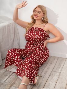 大碼斑點印花荷葉邊吊帶連體褲 - 酒紅色 - 查看 3