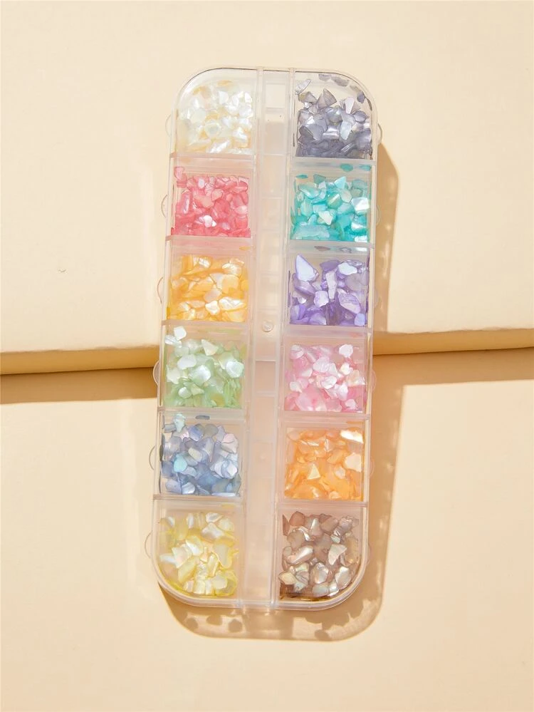 12 Colors High-End Nail Art Decorative Beads Colorful Shell Slices, Nail Art Accessories Storage Box (12 Grids) Diy Nail Charms Nail Gems Nail Supplies Nails