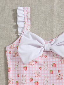 ROMWE Kawaii Rabbit & Strawberry Graphic Gingham Bow Decor One Piece Swimsuit - Multicolor - View 8