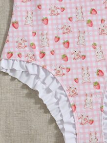 ROMWE Kawaii Rabbit & Strawberry Graphic Gingham Bow Decor One Piece Swimsuit - Multicolor - View 7