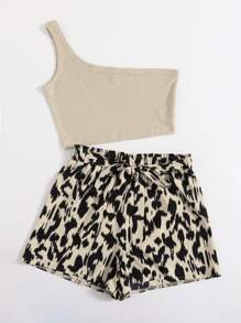 SHEIN VCAY Summer Women Beach One Shoulder Top & Graphic Print Belted ShortsTwo Pieces Set - Multicolor - View 3