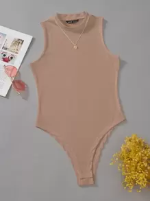 SHEIN Essnce Summer Solid Ribbed Sleeveless Bodysuit - Camel - View 1