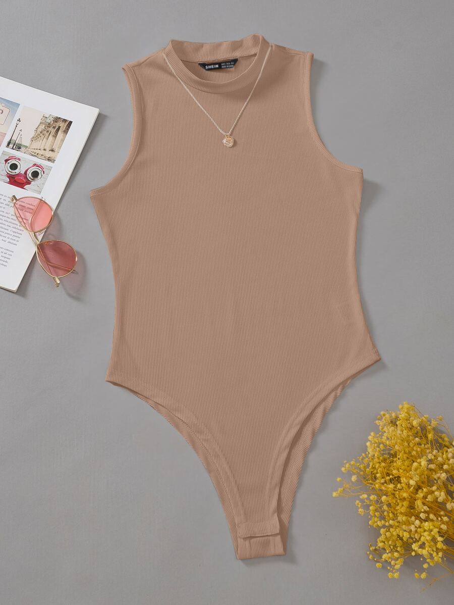 SHEIN Essnce Summer Solid Ribbed Sleeveless Bodysuit - Camel - View 1