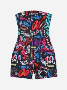 SHEIN EZwear Plus Letter Graphic Tube Unitard Romper - Multicolor - View 3