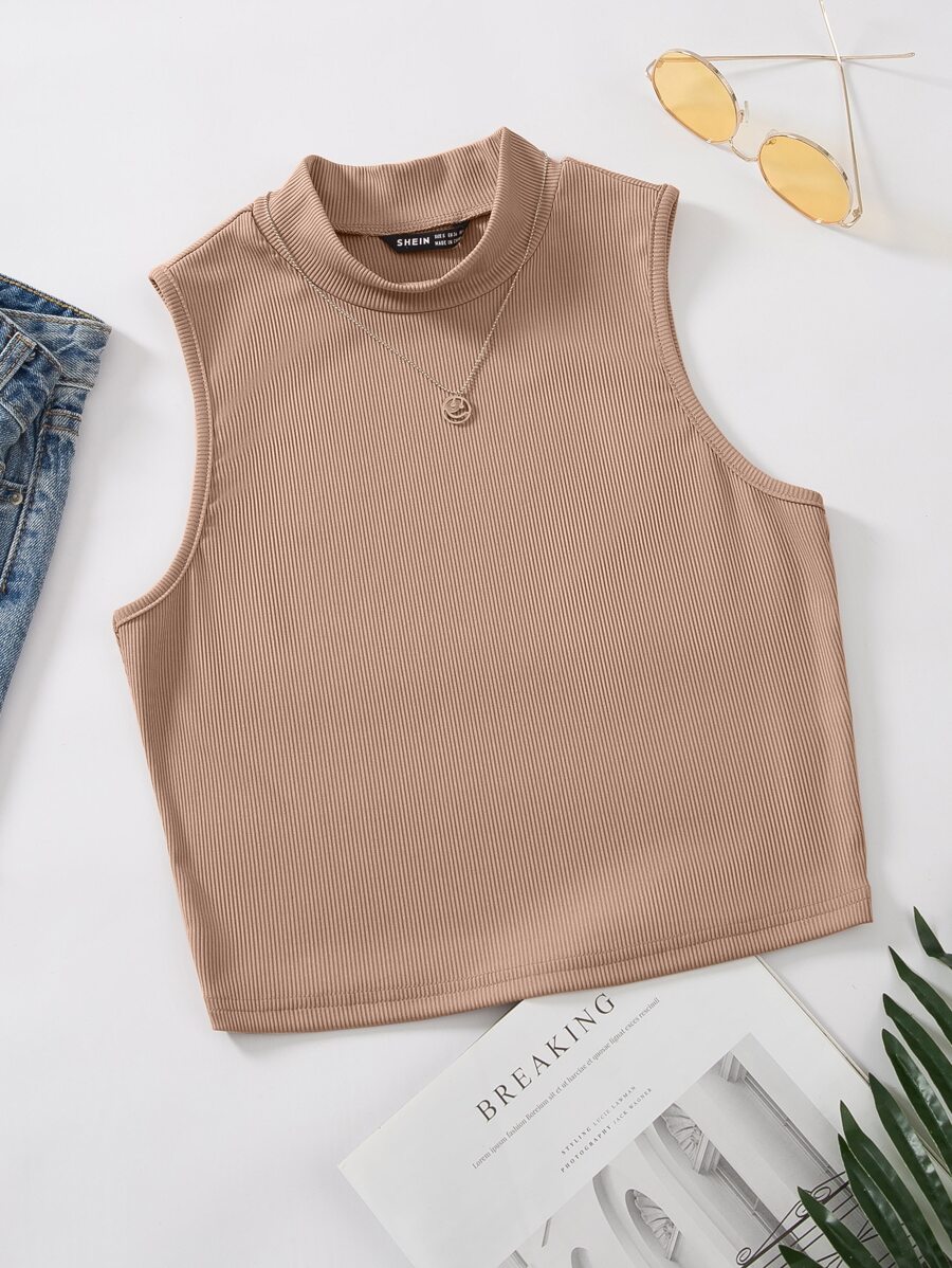 SHEIN Unity Mock Neck Rib-knit Tank Top - Camel - View 1