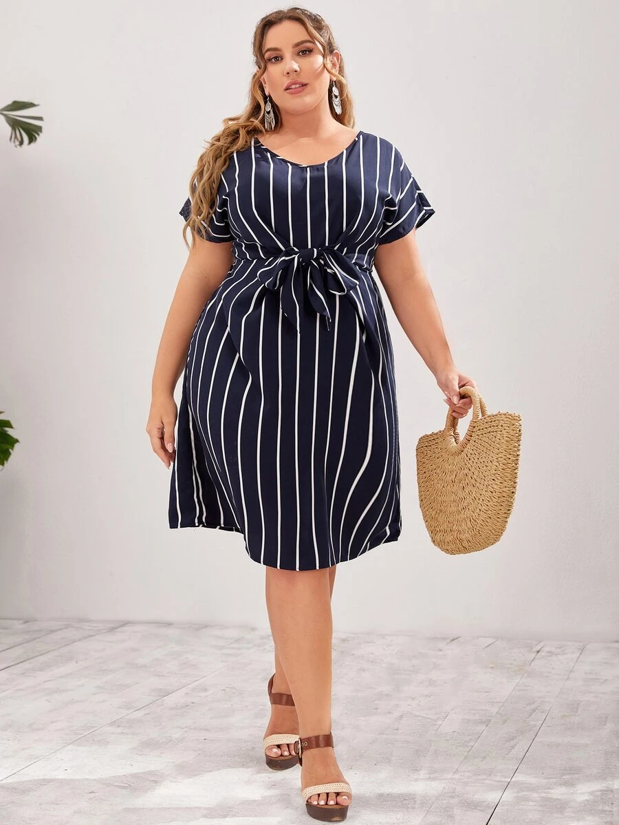 SHEIN Plus Self Belted Striped Dress - Navy Blue - View 1