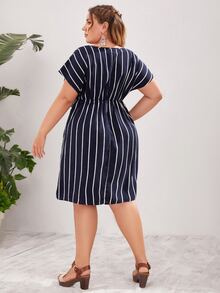 SHEIN Plus Self Belted Striped Dress - Navy Blue - View 2