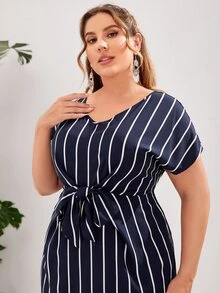 SHEIN Plus Self Belted Striped Dress - Navy Blue - View 4