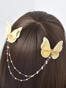 1 Cô Gái \" Trâm Cài Dây Ngọc Trai Bướm Thanh Lịch Nhiều Màu Sắc - Màu vàng - Xem 1