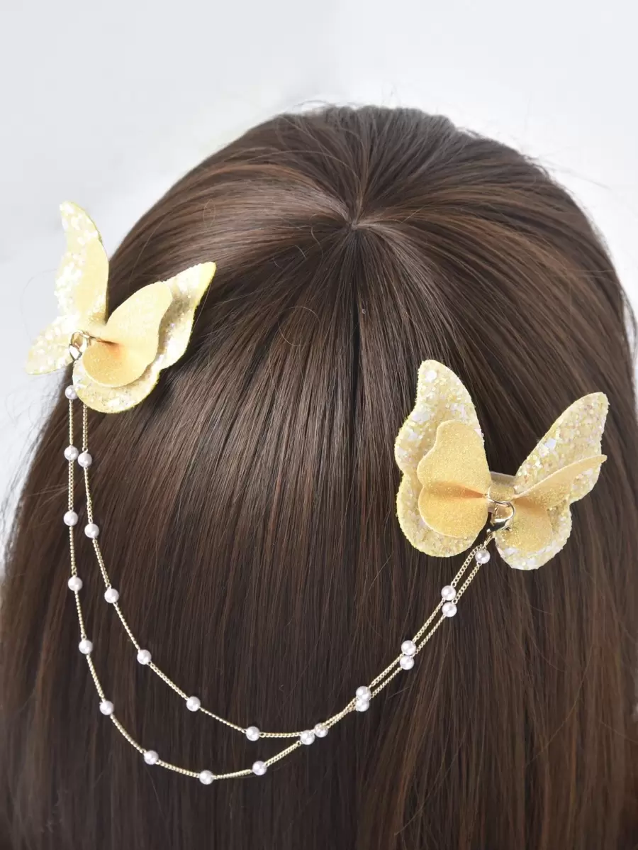 1 Cô Gái \" Trâm Cài Dây Ngọc Trai Bướm Thanh Lịch Nhiều Màu Sắc - Màu vàng - Xem 1