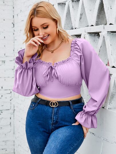 Crop Top mit Rüschenbesatz, Knoten vorn, Rüschen, Volant Ärmeln