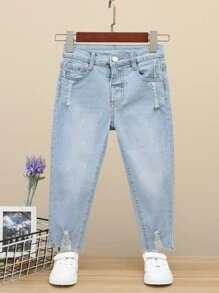 Jeans casuales de niña joven, elásticos y rotos, todo a juego y versátiles - Lavado ligero - Ver 1
