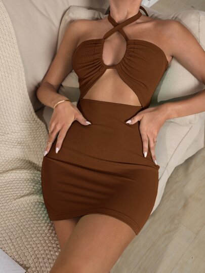 Halterneck Tied Backless Cut-out Bodycon Dress
