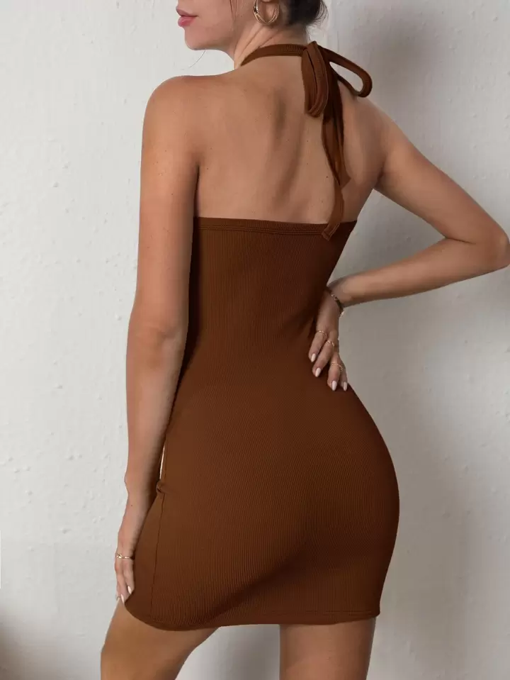 white christmas dresses Satin Brown Low Cut Plunge Halterneck Bodycon Dress main image 1