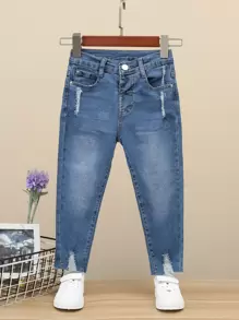 SHEIN Young Girl Stretchy Ripped Jeans, Casual Denim Pants - Medium Wash - View 1