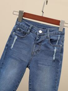 SHEIN Young Girl Stretchy Ripped Jeans, Casual Denim Pants - Medium Wash - View 5