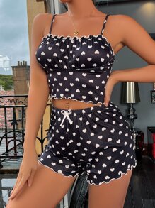 Lettuce Trim Ruched Bust Heart Print PJ Set - Black - View 1