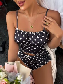 Lettuce Trim Ruched Bust Heart Print PJ Set - Black - View 4