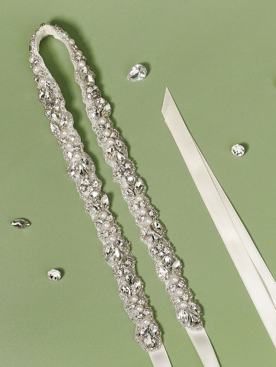 Cinturón nupcial con diseño de perla artificial y de diamante de imitación - Plateado - Ver 1