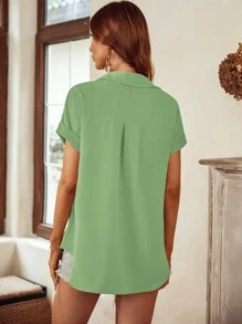 SHEIN LUNE Patched Pocket Batwing Sleeve Shirt - Mint Green - View 2