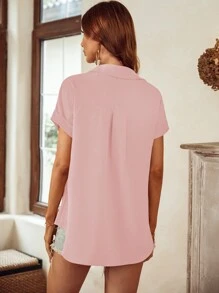 SHEIN LUNE Patched Pocket Batwing Sleeve Shirt - Dusty Pink - View 2