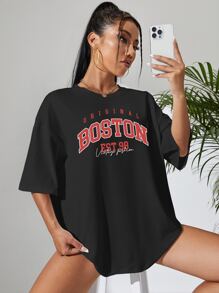 SHEIN EZwear Letter Graphic Drop Shoulder Oversized Tee, Unisex - Black - View 5