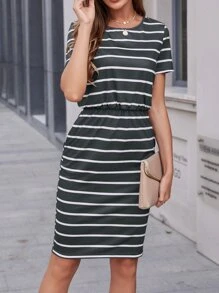 SHEIN LUNE Striped Pocket Fitted Dress - Dark Grey - View 3