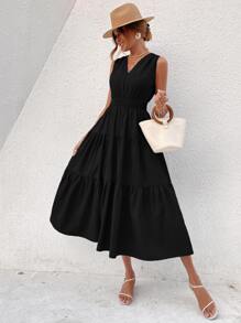 SHEIN VCAY Shirred Tie Back Ruffle Hem Dress - Black - View 1