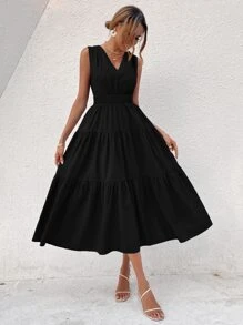 SHEIN VCAY Shirred Tie Back Ruffle Hem Dress - Black - View 4