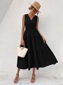 SHEIN VCAY Shirred Tie Back Ruffle Hem Dress - Black - View 5