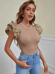 SHEIN Privé 蛋糕袖羅紋素色連身背心 - 卡其色 - 查看 3