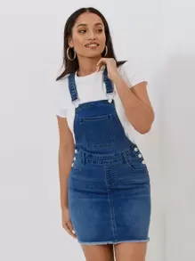 SHEIN PETITE 前口袋牛仔背帶裙不帶T恤 - 深色水洗藍 - 查看 1