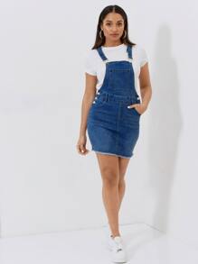 SHEIN PETITE 前口袋牛仔背帶裙不帶T恤 - 深色水洗藍 - 查看 3